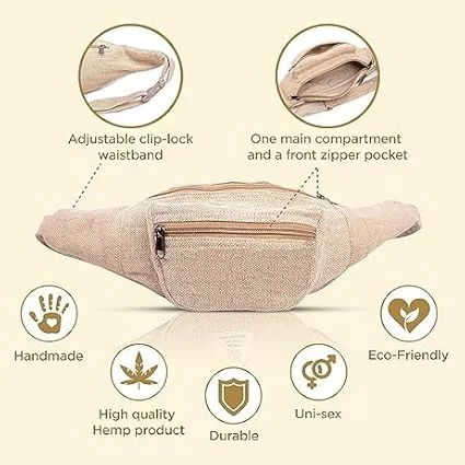 FIBERGOLD Hemp Waist Bag | Blue, Unisex, Adjustable, Eco-Friendly, Multi| Compartment Travel, Hiking & Festival Waist Pack image 2