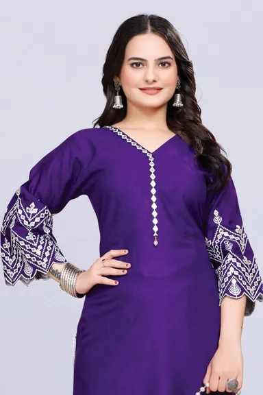 Latest Women Kurta Set Online India | Cotton Rayon Embroidered Kurta Set thumbnail 0