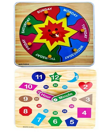 Wooden Clock and Weak Days Puzzle Board | Educational Learning Toys for Kids and Adults | EL SMO 2 Pack thumbnail 0