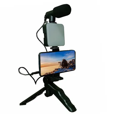Mobile Video Recording Kit India | Mini Tripod Shotgun Podcast Microphone Phone Holder LED Light| for YouTube TikTok Vlog by EL SMO thumbnail 0
