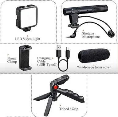 Mobile Video Recording Kit India | Mini Tripod Shotgun Podcast Microphone Phone Holder LED Light| for YouTube TikTok Vlog by EL SMO thumbnail 1