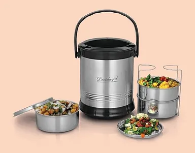 Insulated Stainless Steel Lunch Box | Leak-Proof Tiffin for Office, College, Travelling |  Durable Design, 5 Containers, 600 ml Each thumbnail 1