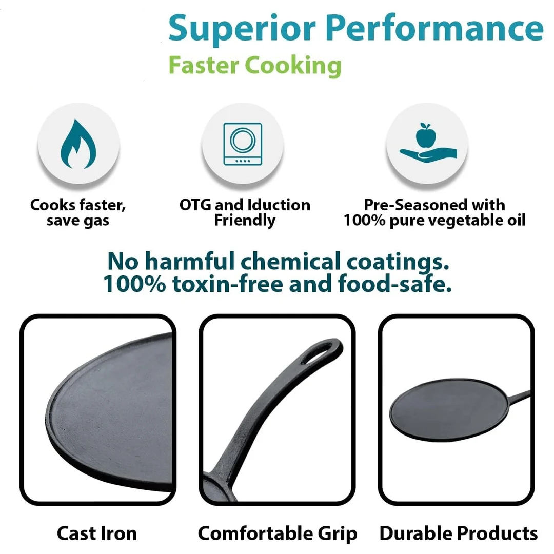  12-Inch Pre-Seasoned Cast Iron Tawa Non-Stick Flat Griddle Pan for Roti, Dosa, Pancakes | Heavy Duty Induction & Oven Safe Cookware image 4