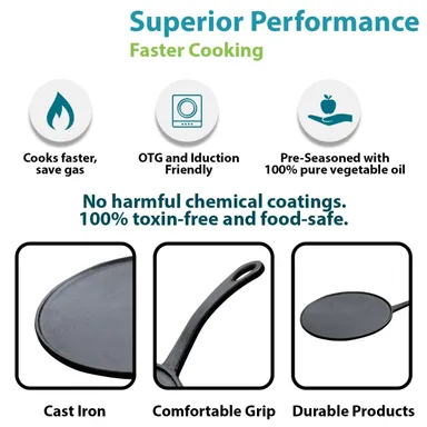  12-Inch Pre-Seasoned Cast Iron Tawa Non-Stick Flat Griddle Pan for Roti, Dosa, Pancakes | Heavy Duty Induction & Oven Safe Cookware thumbnail 3