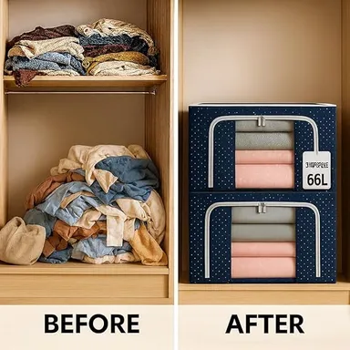  Storage Box for Clothes | Polka Dot Fabric Organizer with Lid | Foldable Wardrobe Organizer Storage Box thumbnail 1