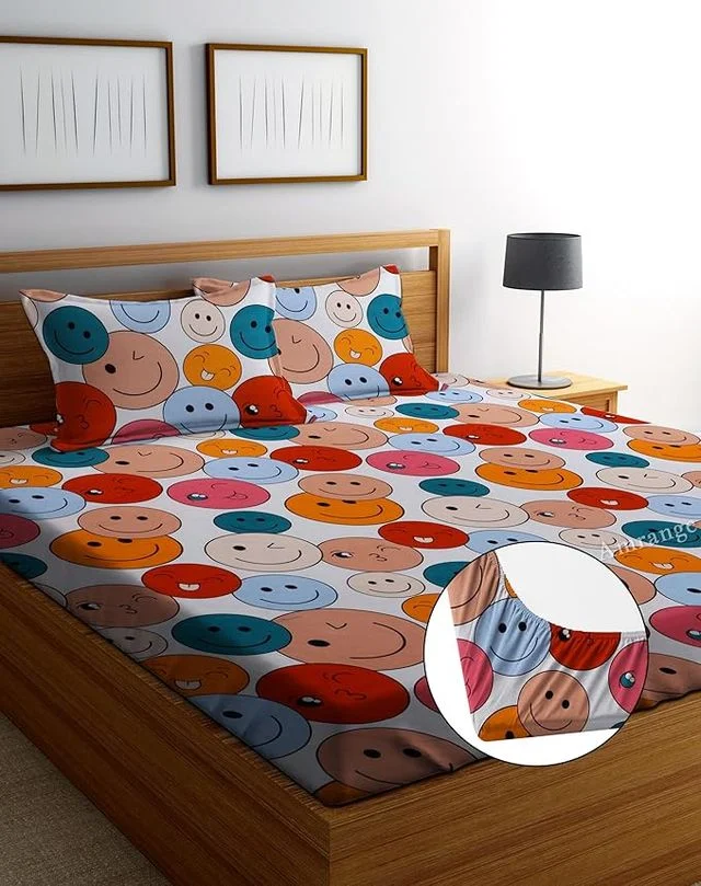 New Collection Glace Cotton Double Fitted Bedsheet with 2 Matching Pillow Covers 78 x 72 + 6 inch | Superfine Quality Elasticated Fit Breathable & Wrinkle Free image 1