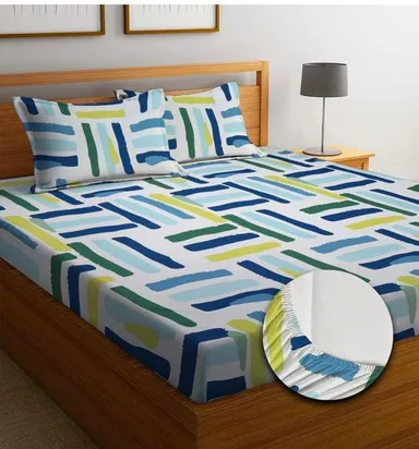WIGGLY Premium White Cotton Geometric Elastic Fitted King Size Bedsheet 72 x 78 x 8 Inches with 2 Pillow Covers | Soft & Durable Bedding  thumbnail 0