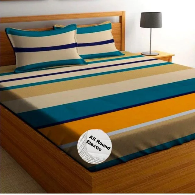 Queen Size Elastic Fitted Bedsheet with 2 Pillow Covers | Soft Glace Cotton | Yellow Line | RVANS CREATIONS image 1