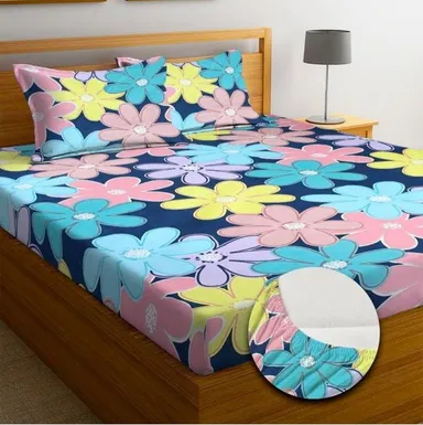 Cotton Double Bedsheet with King Size Pillow Covers | Wrinkle Free  Breathable & Ultra Soft 220 TC | 90 x 90 Inches 7x7.5 Feet | Pink & Greenleaf | Soft Cotton Bedding thumbnail 1