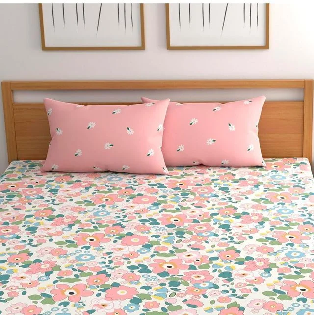 Prime Collections 180TC Glace Cotton | Breathable Wrinkle Free Double Fitted Bedsheet | with 2 King Size Pillow Covers (Pink Multi) image 1
