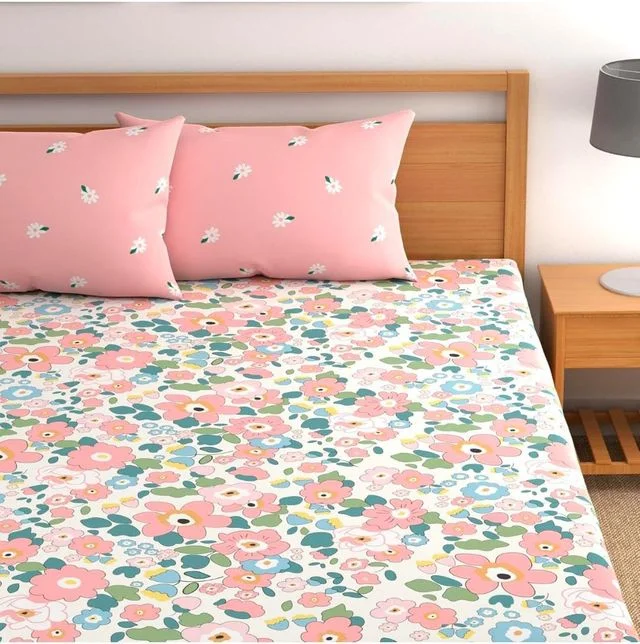 Prime Collections 180TC Glace Cotton | Breathable Wrinkle Free Double Fitted Bedsheet | with 2 King Size Pillow Covers (Pink Multi) image 2