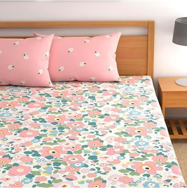 Prime Collections 180TC Glace Cotton | Breathable Wrinkle Free Double Fitted Bedsheet | with 2 King Size Pillow Covers (Pink Multi) thumbnail 1