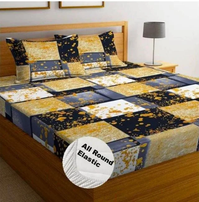 Premium Cotton Elastic Fitted Bedsheets with 2 King Size Pillow Covers 180 TC Supersoft All Around Elastic for Double Bed Black 72 x 78 + 10 Inches image 1