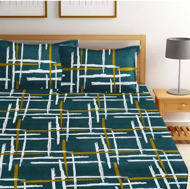 Elastic Fitted Bedsheets with 2 King Size Pillow Covers | Double Bed with All Around Elastic Size 72 x 78 x 8 Inches Fitted Sheets for King Size Bed  thumbnail 1