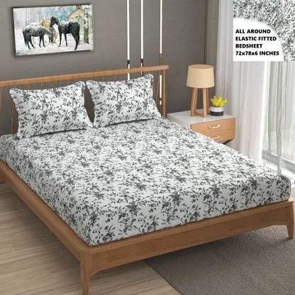 Cotton King Size Self Design Fitted (Elastic) Bedsheet | Cotton King Fitted Bedsheet PNS Bedsheet image 2