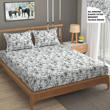 Cotton King Size Self Design Fitted (Elastic) Bedsheet | Cotton King Fitted Bedsheet  PNS Bedsheet  thumbnail 1