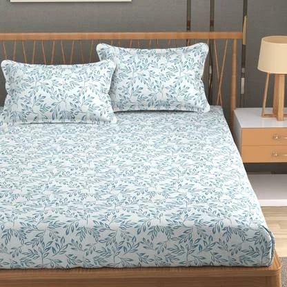 Cotton 360 Printed Elastic Fitted Bedsheet King Size Double Bed with 2 Pillow Covers 72 x 78 + 8 Inches White Blue 210 TC image 1