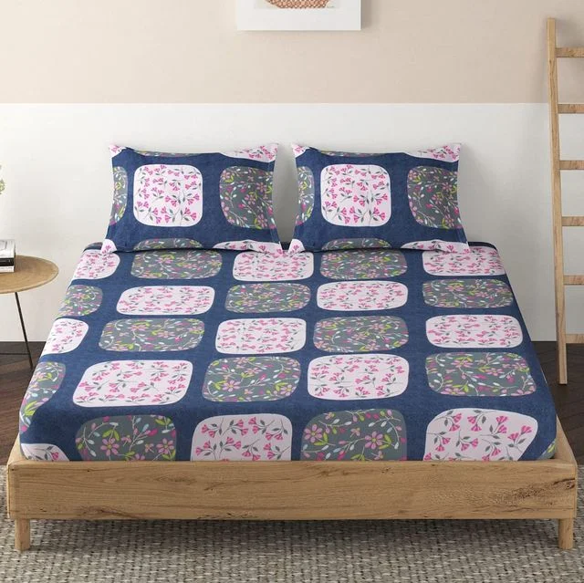 Elastic Fitted Bedsheet | Brushed Microfiber 135 GSM Floral Pink Single Bed 78x36 inches with 1 Pillow Cover image 1