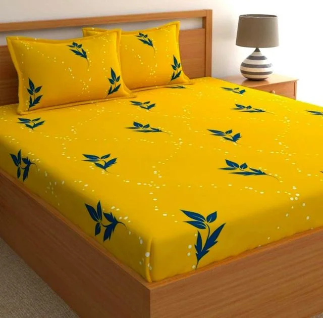 Glace Cotton Double Elastic Fitted Bedsheet Yellow with 2 Pillow Covers | Fits Upto 8 Inches Mattress image 1
