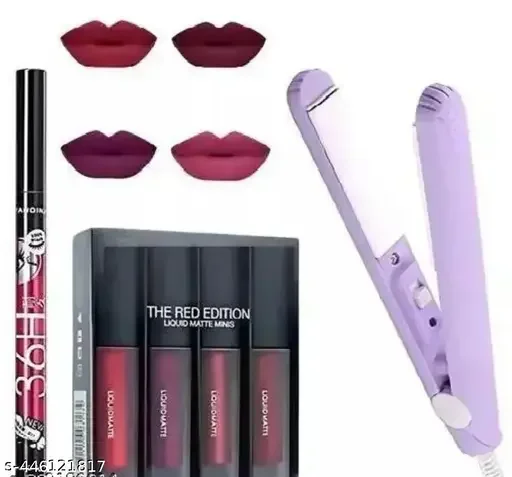 Mini Straightener Eyeliner Lipstick Combo Set for Women | 36H Long Wear Eyeliner Pen | 4in1 Red Edition Liquid Matte Lipstick | Portable Beauty Kit image 1