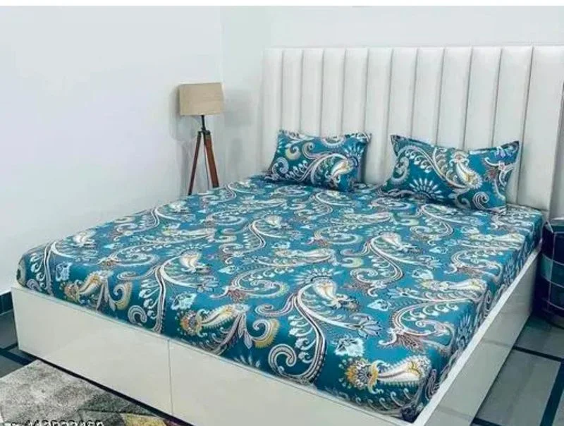 Elastic Fitted Glace Cotton Printed King Size Bedsheet with 2 Pillow Covers | 72x78 Inch Double Bed Sheet Pastel Green Soft Cotton Feel image 1