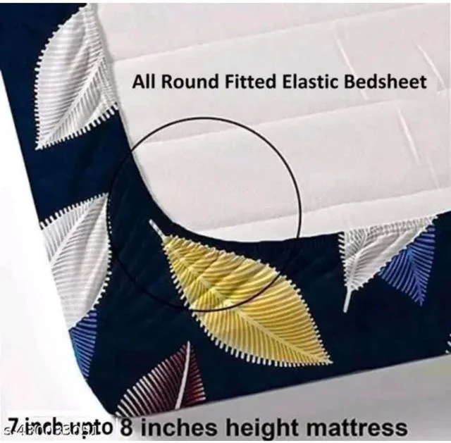 Elastic Fitted King Size Bedsheet (68x78x8 inches) with 2 Pillow Covers Blue | Cotton Fitted Bedsheet for King Bed India | Elastic Border Bedsheet image 2