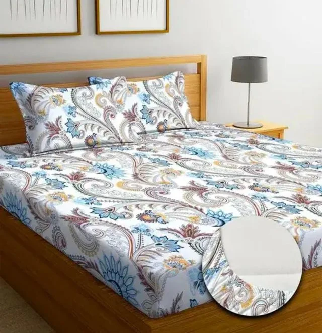 Cotton Double Bedsheet 220 TC with 2 King Pillow Covers | Wrinkle Free Breathable Ultra Soft | 90x90 Inches White & Blue image 1