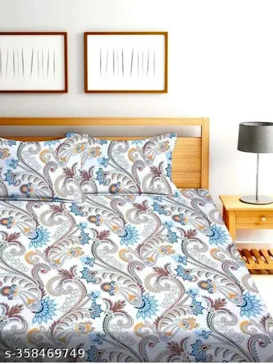 Cotton Double Bedsheet 220 TC with 2 King Pillow Covers | Wrinkle Free Breathable Ultra Soft | 90x90 Inches White & Blue thumbnail 2
