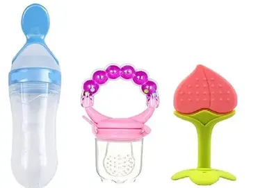 Baby Silicone Fresh Food Feeder India | QTYPIY Baby Safe Silicone Food Feeder Bottle with Food Dispensing Spoon and Teether thumbnail 0