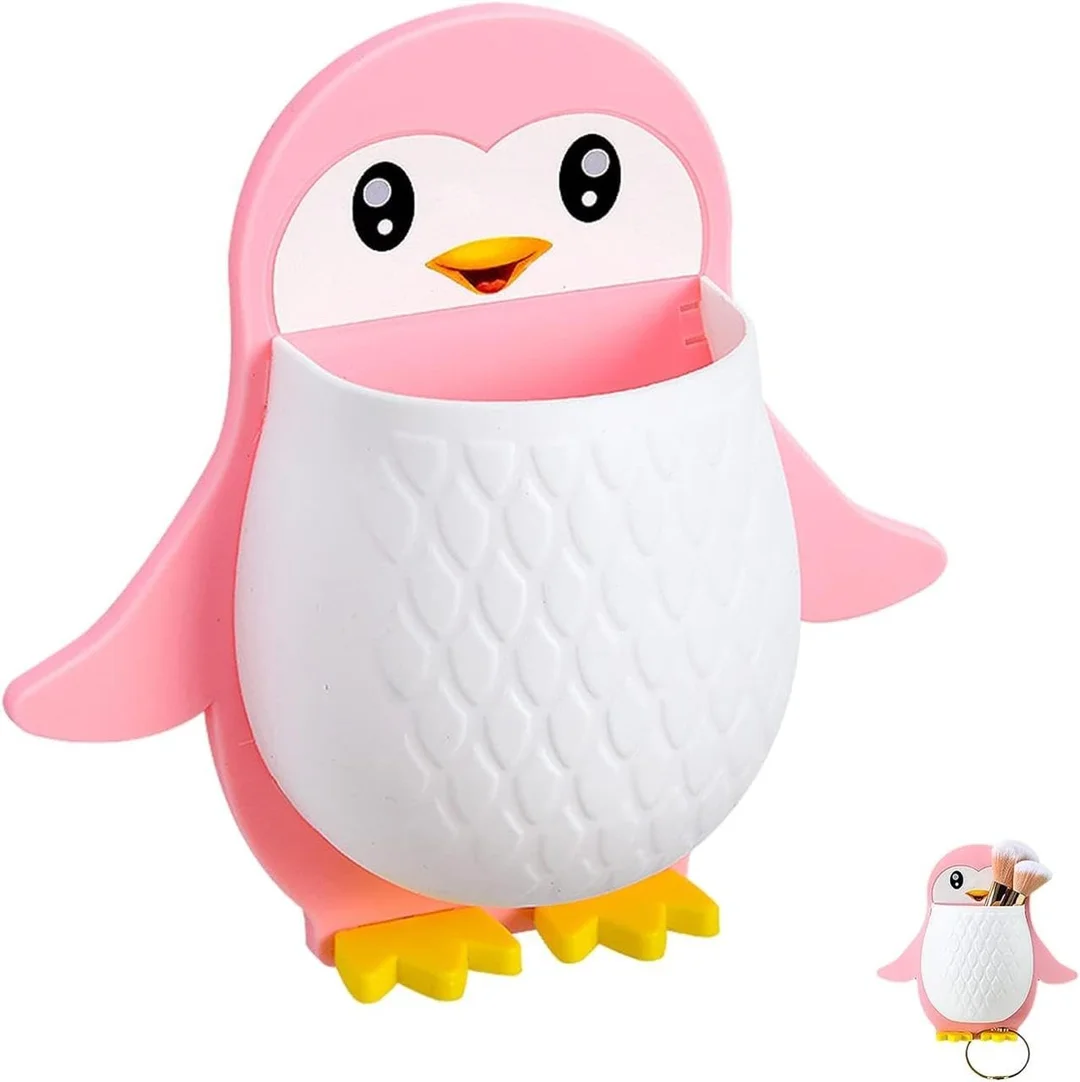 Toothbrush Holder Wall Mounted Pink Penguin | Multifunctional Bathroom Storage Rack for Makeup Tools Pens Kitchen Chopsticks Remote Control image 1