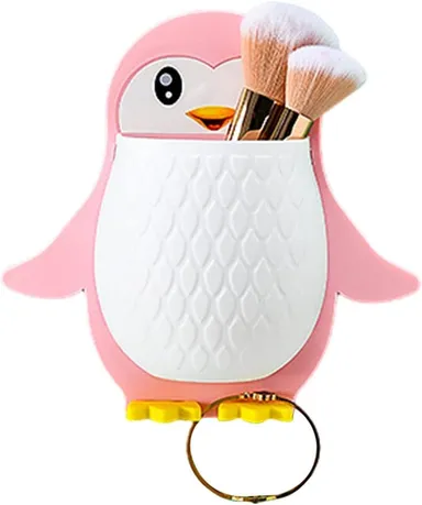 Toothbrush Holder Wall Mounted Pink Penguin | Multifunctional Bathroom Storage Rack for Makeup Tools Pens Kitchen Chopsticks Remote Control  thumbnail 1