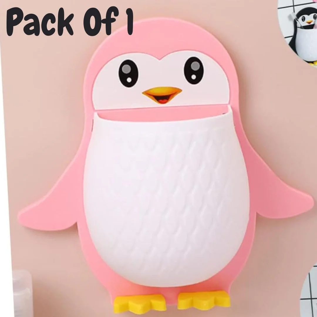 Toothbrush Holder Wall Mounted Pink Penguin | Multifunctional Bathroom Storage Rack for Makeup Tools Pens Kitchen Chopsticks Remote Control image 3