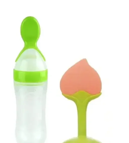 Silicone Baby Feeder Bottle 90ml Pack of 2 | Food Grade Silicone Baby Spoon & Teether Multi Color | Safe Baby Feeding image 1