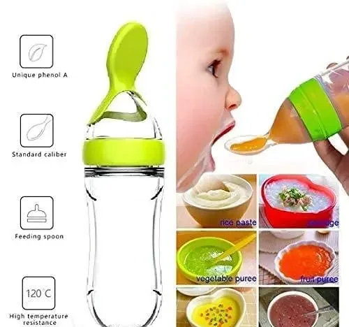 Silicone Baby Feeder Bottle 90ml Pack of 2 | Food Grade Silicone Baby Spoon & Teether Multi Color | Safe Baby Feeding image 2