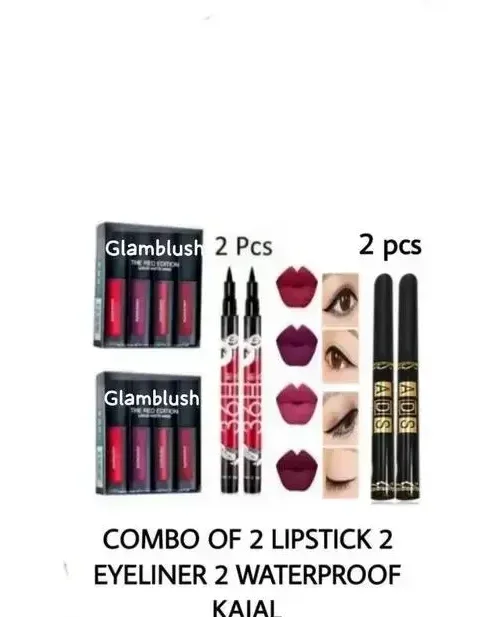 Matte Mini Liquid Lipsticks Red Edition Combo | 8 pcs Lipsticks, 2 Eyeliner Pencils & 2 Kajals | Waterproof & Smudge-Proof Set image 1