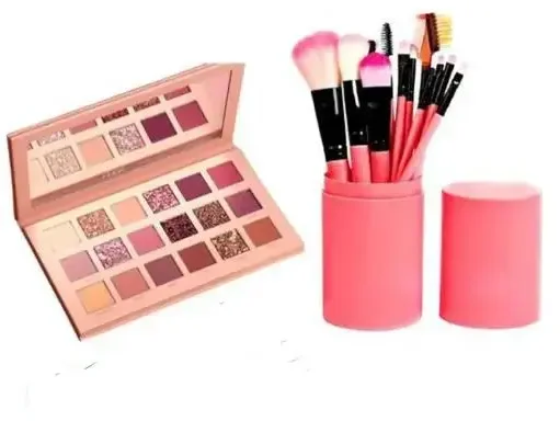Nude Eyeshadow Palette with Pink Brush Set | 12-shade Palette image 1