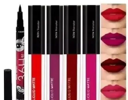Red Edition Liquid Matte Lipstick Set of 4 with Black 36H Waterproof Eyeliner |Long-Lasting Matte Finish for Women and Girls image 1