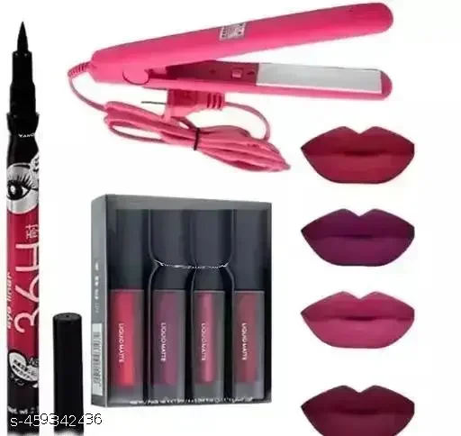 Red Multicolor Long-lasting Liquid Lipstick Waterproof | 36h Eyeliner Mini Portable Straightener Combo image 1