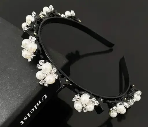 Korean Style Hairband with Clips | Double Layer Twist Headband for Women | Beaded Hair Accessories for Wedding image 3