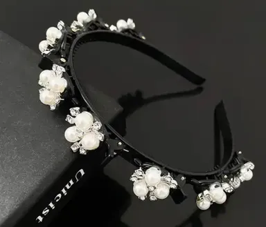 Korean Style Hairband with Clips | Double Layer Twist Headband for Women | Beaded Hair Accessories for Wedding thumbnail 2