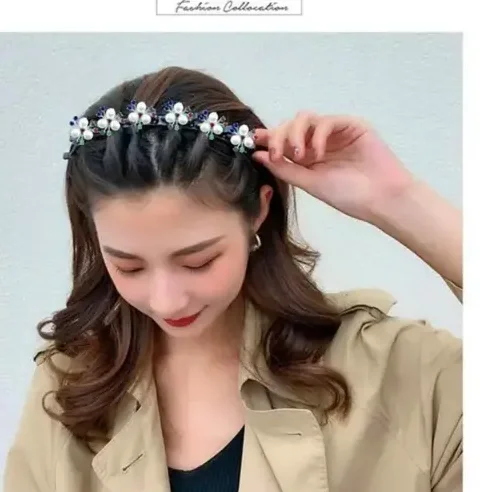 Korean Style Hairband with Clips | Double Layer Twist Headband for Women | Beaded Hair Accessories for Wedding image 4