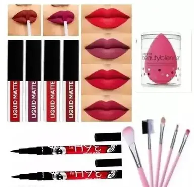 Red Matte Lipstick and 36h Eyeliner Combo | Pink Beauty Blender Pack of 12  thumbnail 0