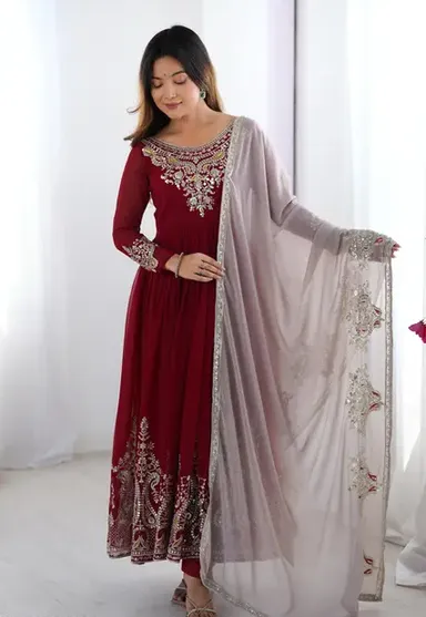 Fancy Designer Gown with Dupatta | Maroon Georgette Embellished Set | Fully Stitched Party Wear thumbnail 0