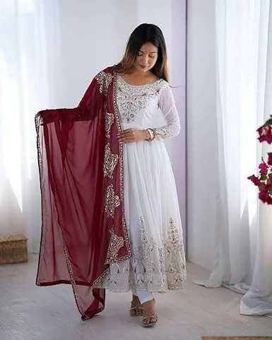 Embroidered Kurti Pant Dupatta Set for Women | Designer Georgette Suit | Wedding Guest Traditional Wear | Stitched Ethnic Set India image 1