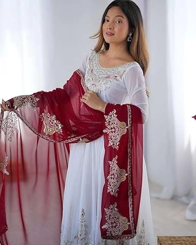 Embroidered Kurti Pant Dupatta Set for Women | Designer Georgette Suit | Wedding Guest Traditional Wear | Stitched Ethnic Set India image 2