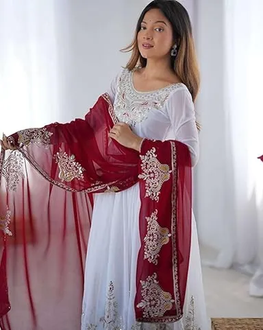 Embroidered Kurti Pant Dupatta Set for Women | Designer Georgette Suit | Wedding Guest Traditional Wear | Stitched Ethnic Set India thumbnail 1