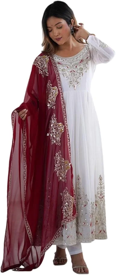 Embroidered Kurti Pant Dupatta Set for Women | Designer Georgette Suit | Wedding Guest Traditional Wear | Stitched Ethnic Set India image 3