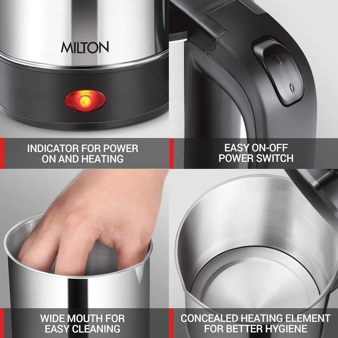 MILTON Euroline Compact 500 ml Stainless Steel Electric Travel Kettle 1000W Auto Shut-Off Concealed Heating Element Silver image 4