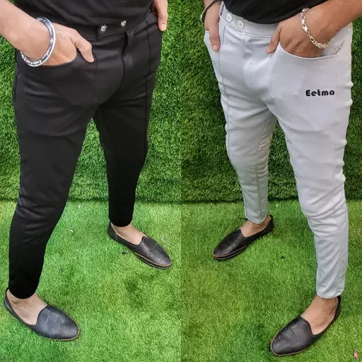 Eetma Men’s Lycra Jogger Pants | Slim Fit Track Trousers | Gym, Yoga, Running Wear | Grey & Black Combo Pack | Pack of 2 | Soft & Stretchable Lycra Blend image 1
