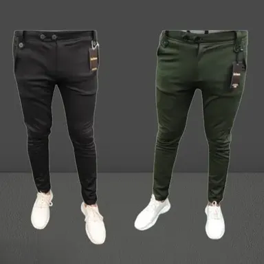 Men trousers pack of 2 | lycra blend stretchy casual pants | black & dark green thumbnail 2